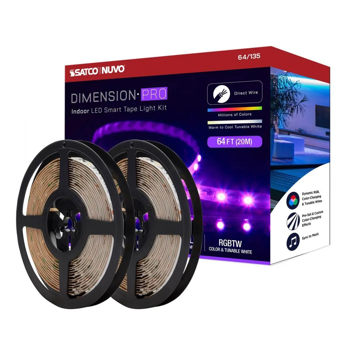 Dimension Pro LED Smart Tape Light Kit with Remote, 65ft Reel, Color Changing RGB and Tunable White, 24V, J-Box Connection