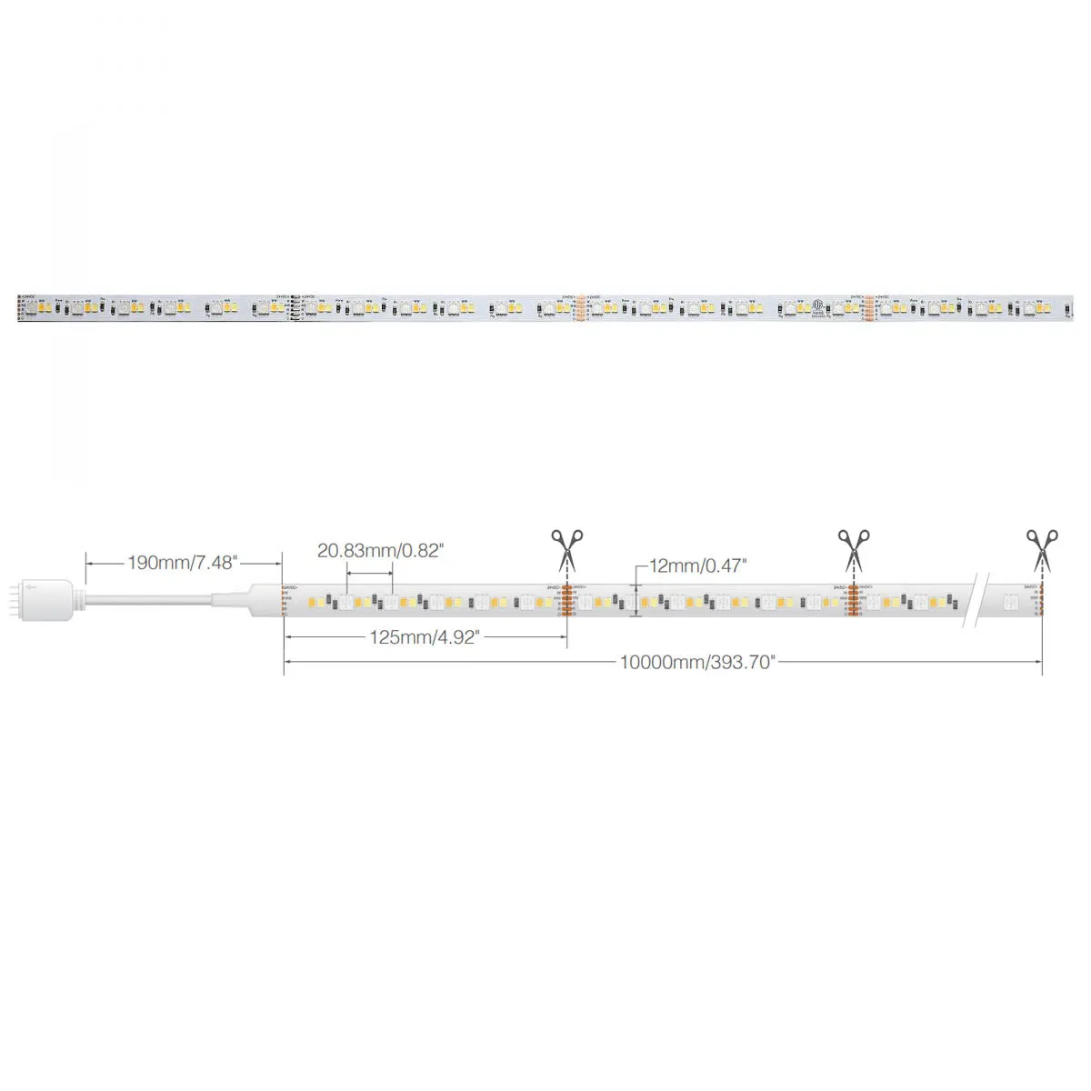 Dimension Pro LED Smart Tape Light Kit with Remote, 65ft Reel, Color Changing RGB and Tunable White, 24V, J-Box Connection