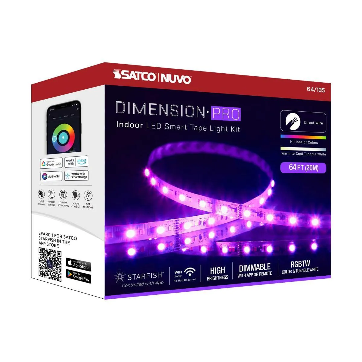 Dimension Pro LED Smart Tape Light Kit with Remote, 65ft Reel, Color Changing RGB and Tunable White, 24V, J-Box Connection