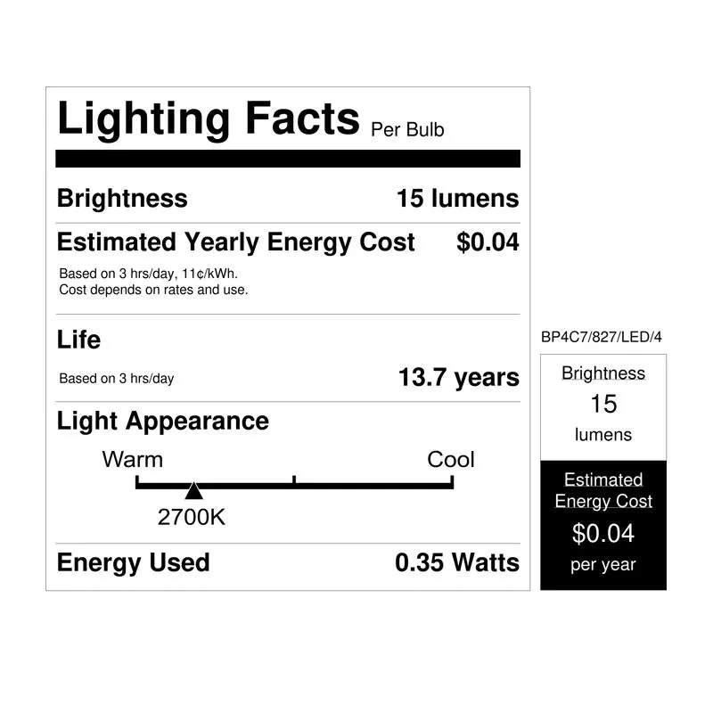 Feit C7 E12 (Candelabra) LED Bulb Soft White 4 Watt Equivalence 4 pk