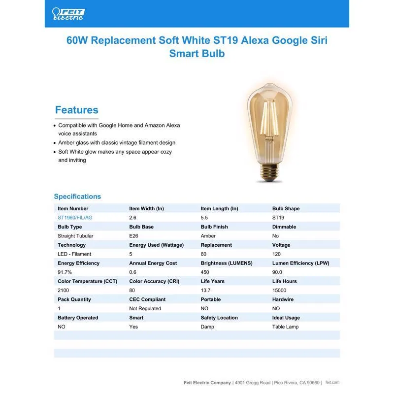 Feit Smart Home ST19 E26 (Medium) Smart-Enabled LED Bulb Amber 60 Watt Equivalence 1 pk