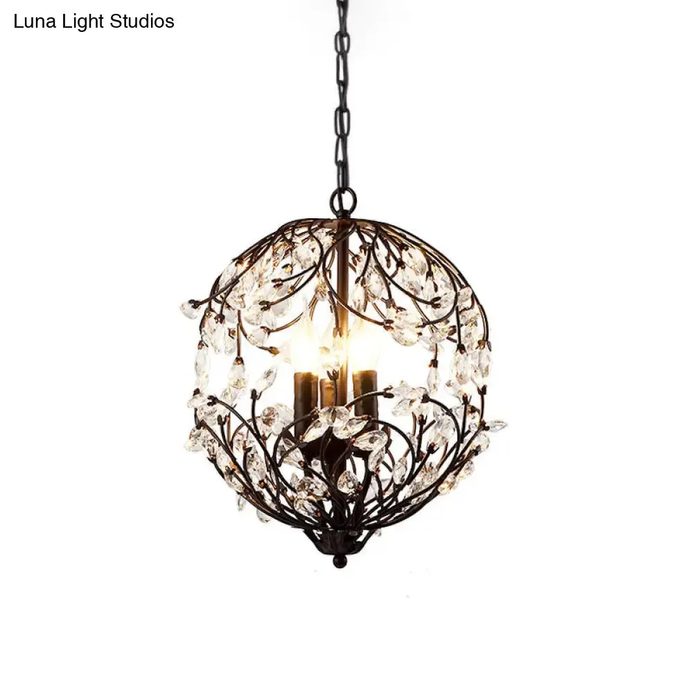 Floral Sphere Hanging Chandelier: Traditional 3-Light Black/Bronze Iron Lamp with Crystal Accent