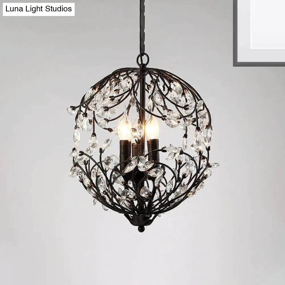 Floral Sphere Hanging Chandelier: Traditional 3-Light Black/Bronze Iron Lamp with Crystal Accent