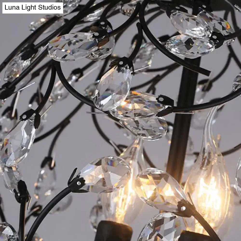 Floral Sphere Hanging Chandelier: Traditional 3-Light Black/Bronze Iron Lamp with Crystal Accent