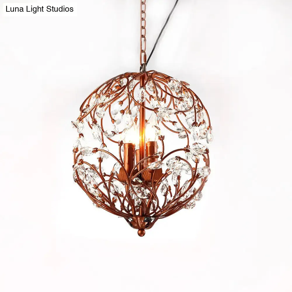 Floral Sphere Hanging Chandelier: Traditional 3-Light Black/Bronze Iron Lamp with Crystal Accent