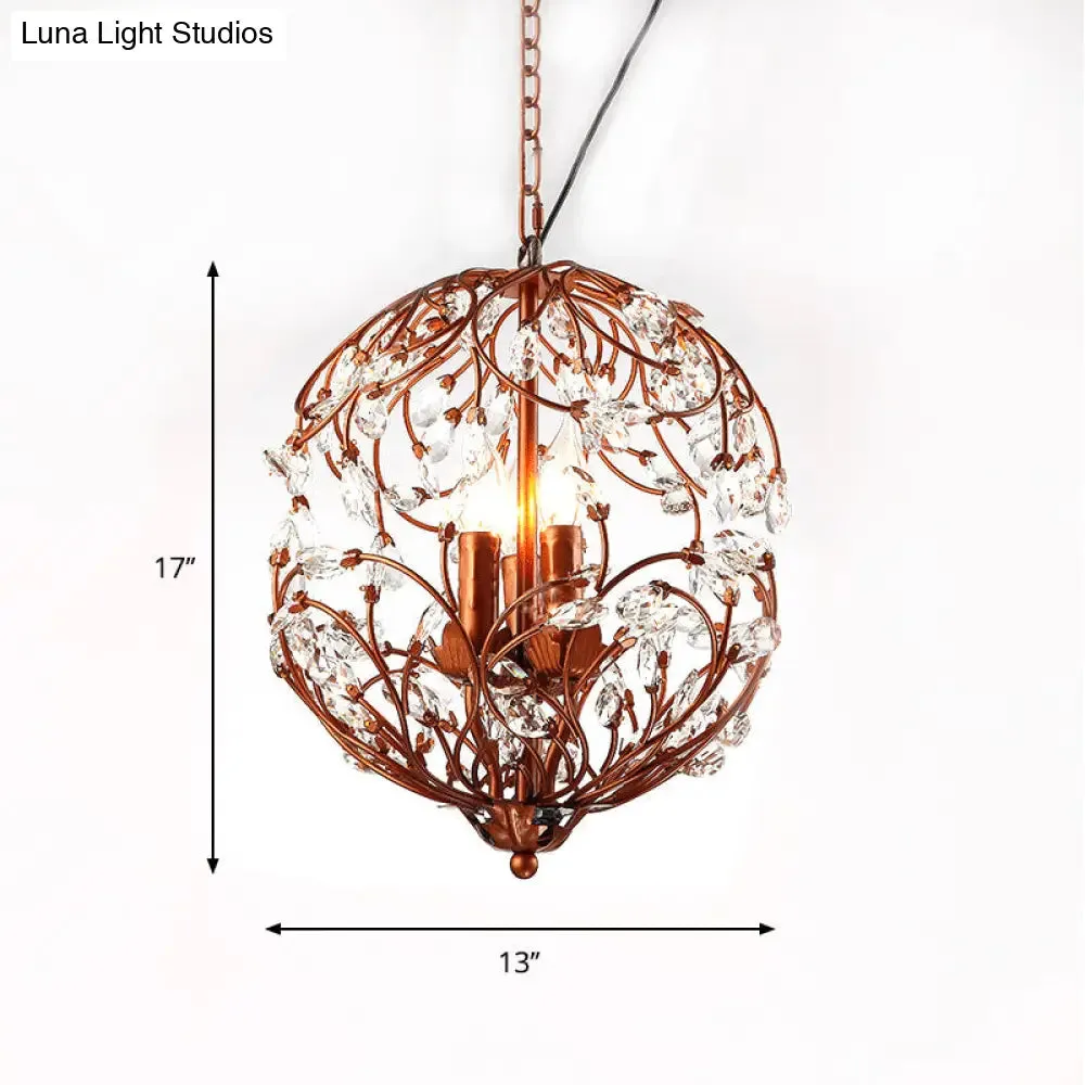 Floral Sphere Hanging Chandelier: Traditional 3-Light Black/Bronze Iron Lamp with Crystal Accent