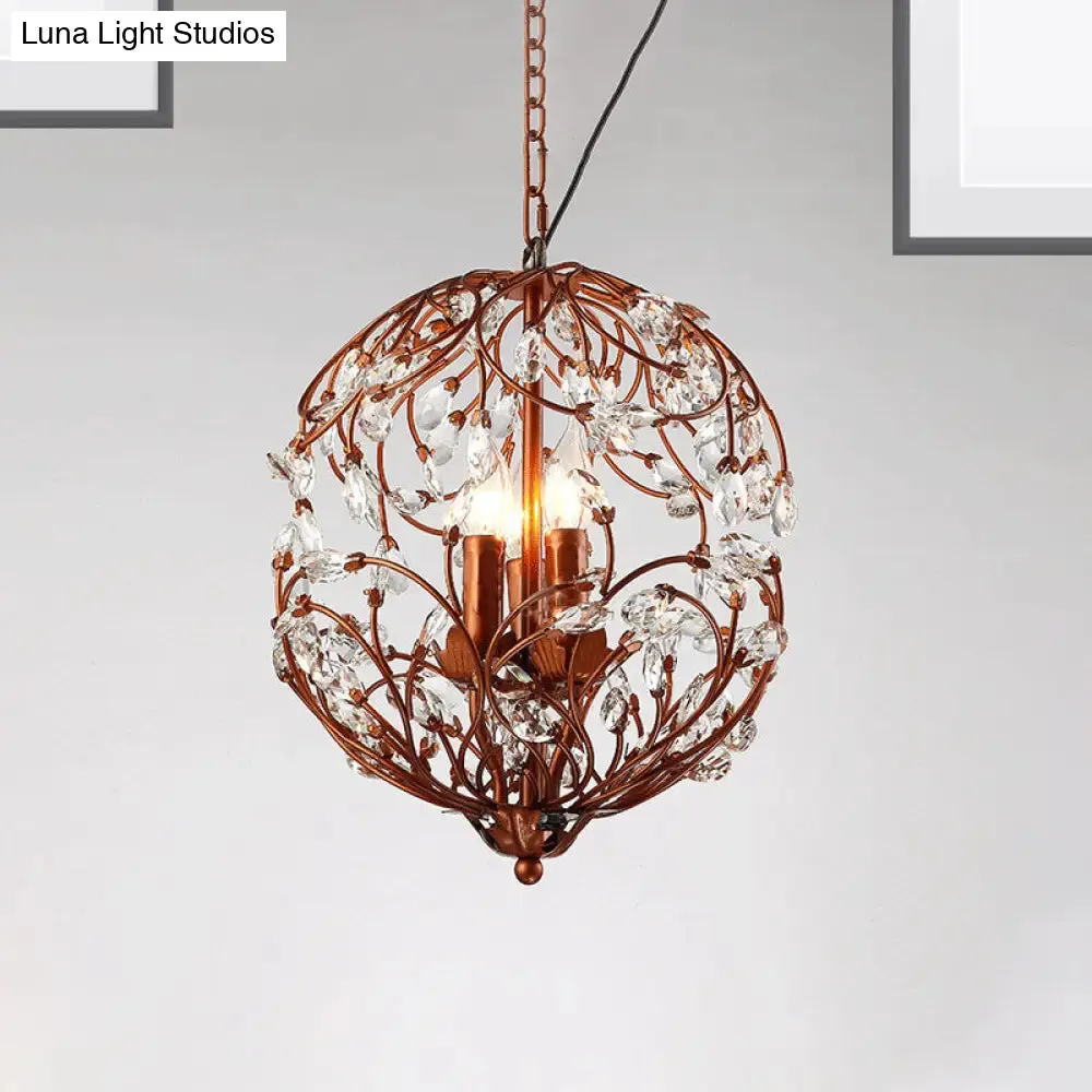 Floral Sphere Hanging Chandelier: Traditional 3-Light Black/Bronze Iron Lamp with Crystal Accent