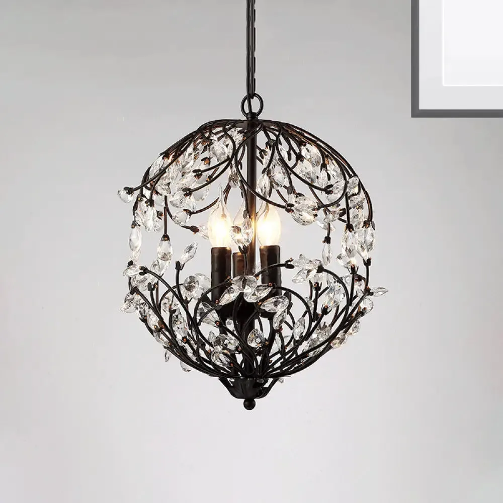 Floral Sphere Hanging Chandelier: Traditional 3-Light Black/Bronze Iron Lamp with Crystal Accent