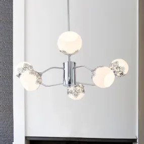 Frosted White Glass Ball Chandelier - Modern 6-Light Pendulum Lamp in Chrome with Flower Pattern - Ideal for Living Room