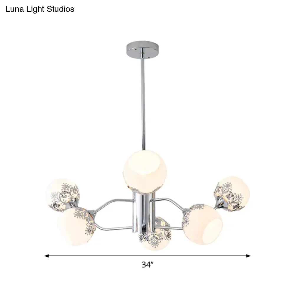 Frosted White Glass Ball Chandelier - Modern 6-Light Pendulum Lamp in Chrome with Flower Pattern - Ideal for Living Room