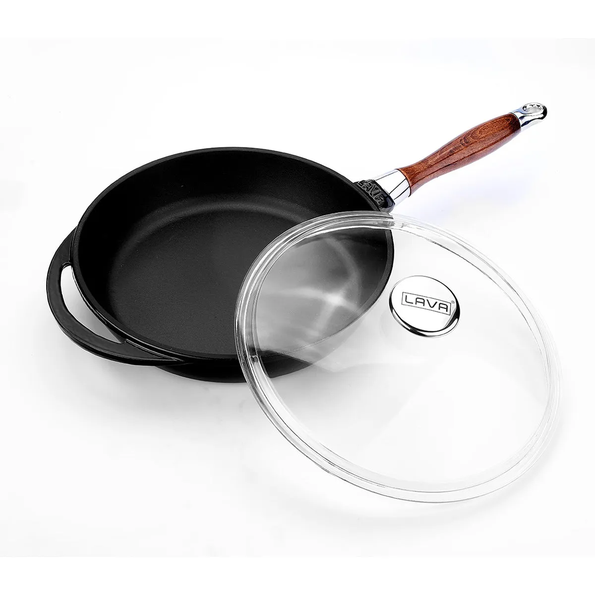 FRYING PANS W/ REMOVABLE WOODEN HANDLE & GLASS LID