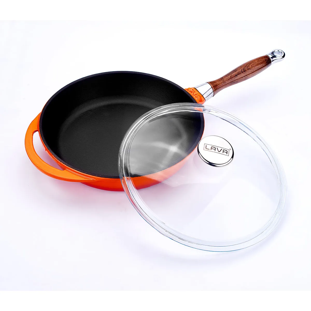 FRYING PANS W/ REMOVABLE WOODEN HANDLE & GLASS LID