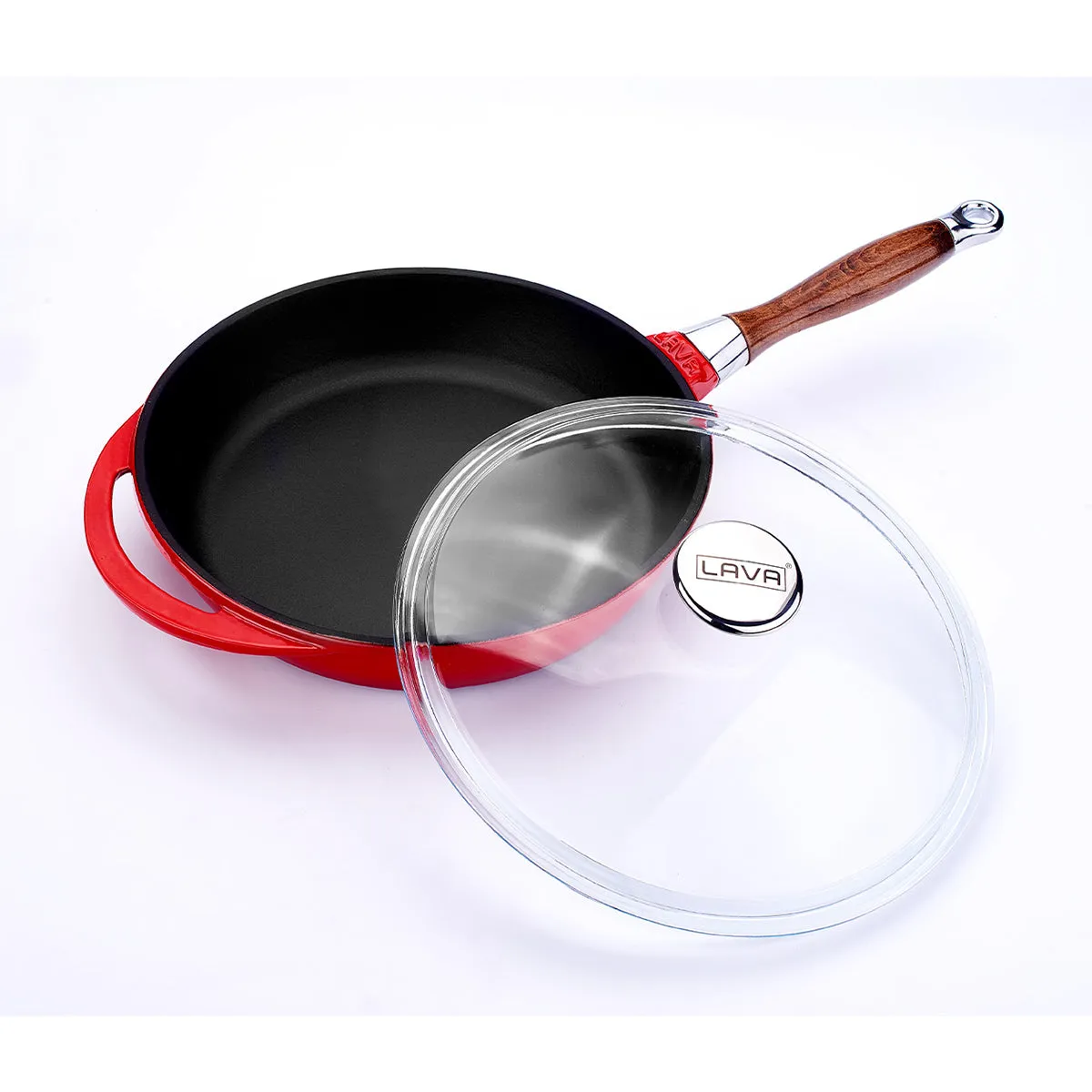 FRYING PANS W/ REMOVABLE WOODEN HANDLE & GLASS LID