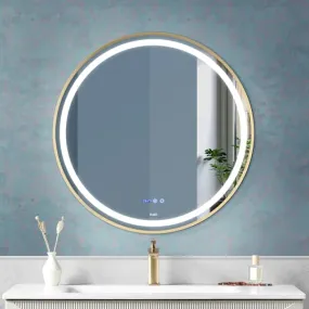 Fuao Premium HD Smart Mirror for Walls with Anti-Fog Function, Time-Temperature Display and Adjustable Brightness 3-Tone LED Lighting| 100% Silver Coating, Anodized Aluminium Frame Round-Gold-80CM