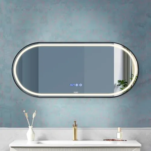 Fuao Premium HD Smart Mirror for Walls with Anti-Fog Function, Time-Temperature Display and Adjustable Brightness 3-Tone LED Lighting| 100% Silver Coating, Anodized Aluminium Frame