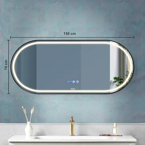 Fuao Premium HD Smart Mirror for Walls with Anti-Fog Function, Time-Temperature Display and Adjustable Brightness 3-Tone LED Lighting| 100% Silver Coating, Anodized Aluminium Frame