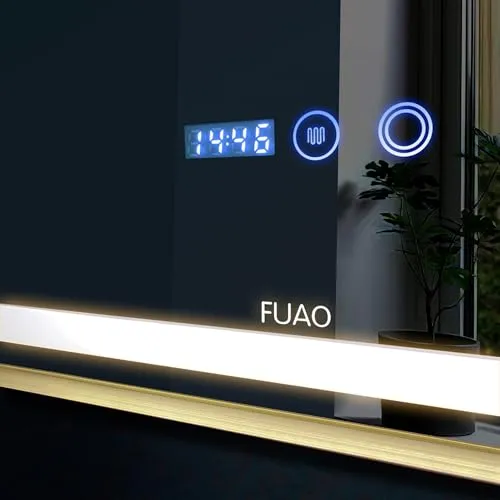 Fuao Premium HD Smart Mirror for Walls with Anti-Fog Function, Time-Temperature Display and Adjustable Brightness 3-Tone LED Lighting| 100% Silver Coating, Anodized Aluminium Frame