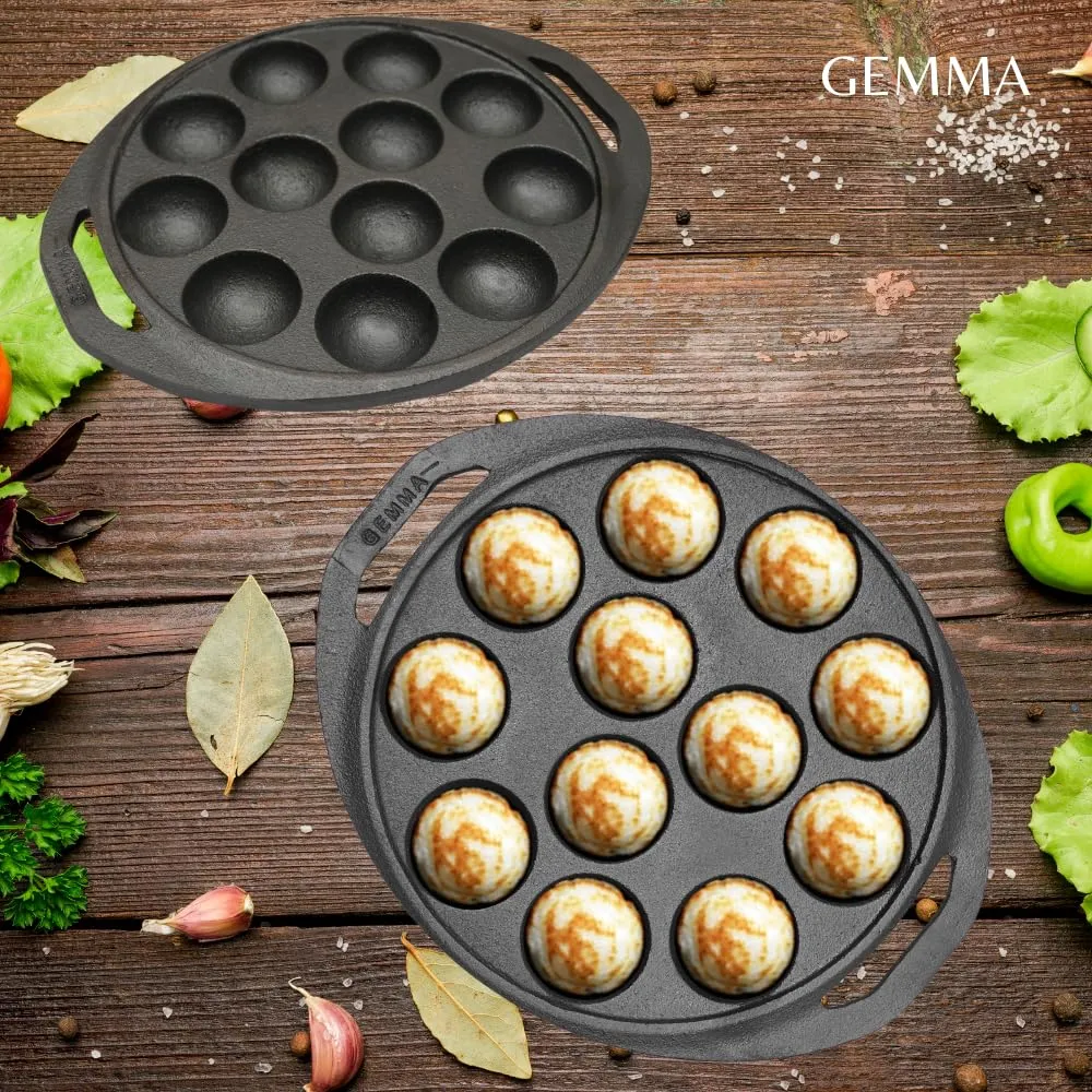 GEMMA Cast Iron Paniyarakal Pan|8-Inch 12-Cavity Appe Pan|Pre-Seasoned Stick-Free|100% Pure Cast Iron,Non Toxic -Paddu Pan|Gas Stove Compatible|Weight-(2.9 kg)|(Black)