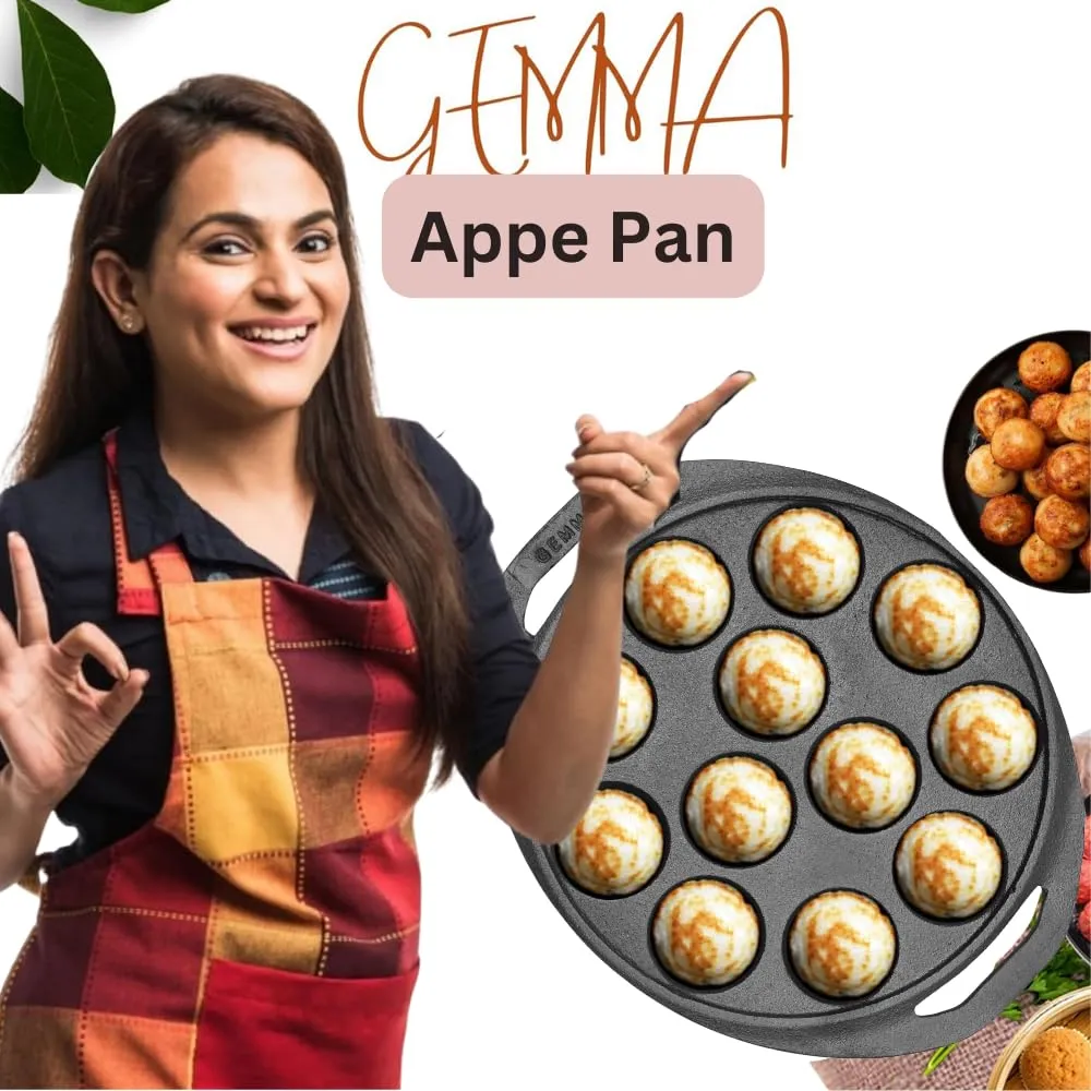 GEMMA Cast Iron Paniyarakal Pan|8-Inch 12-Cavity Appe Pan|Pre-Seasoned Stick-Free|100% Pure Cast Iron,Non Toxic -Paddu Pan|Gas Stove Compatible|Weight-(2.9 kg)|(Black)