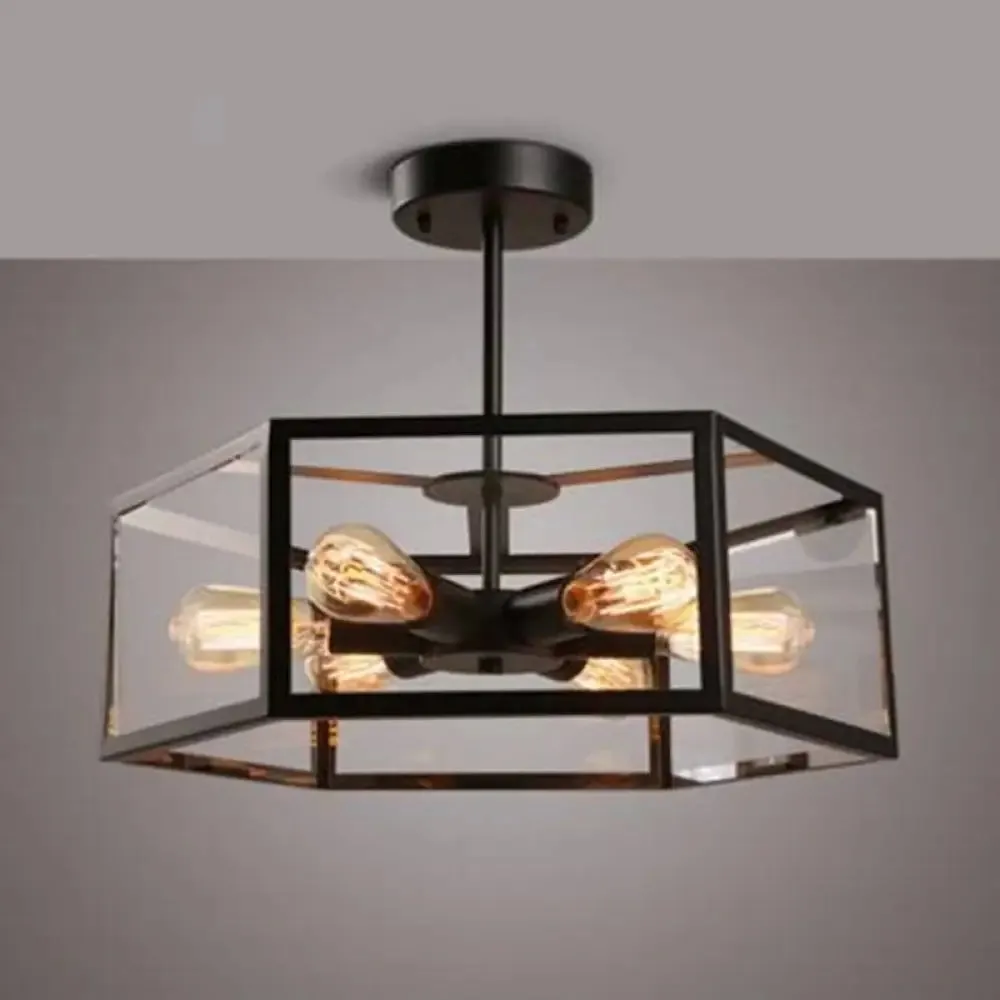 Geometric Retro Industrial Ceiling Flush Mount Light - 6 Metal Lights for Bars