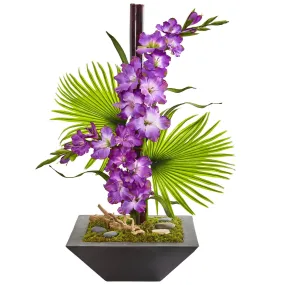 Gladiolas and Fan Palm Artificial Arrangement in Black Vase