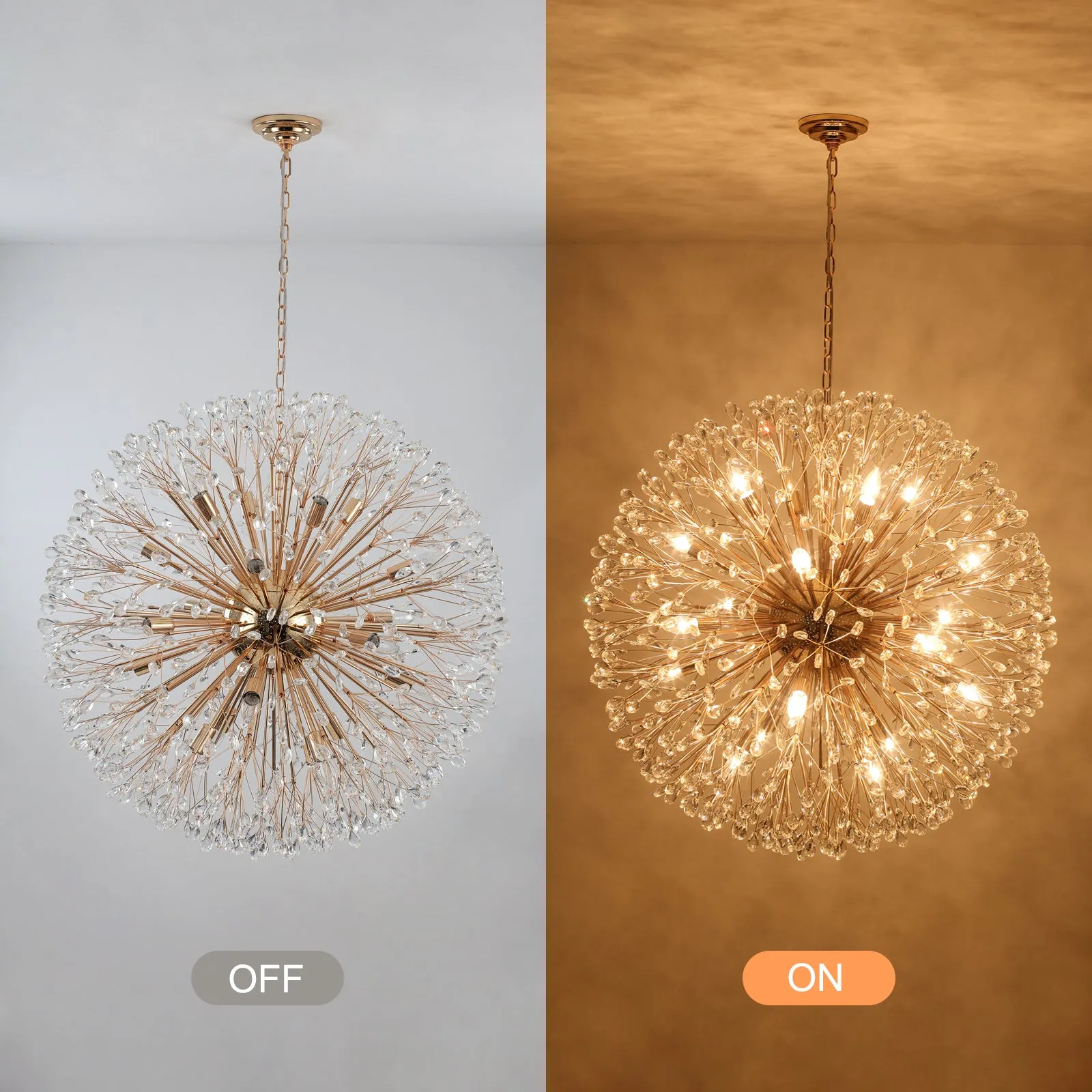 Glowlings 20-Light Vintage 35"Wide Large Gold Dandelion Shape Crystal Sputnik Sphere Chandelier