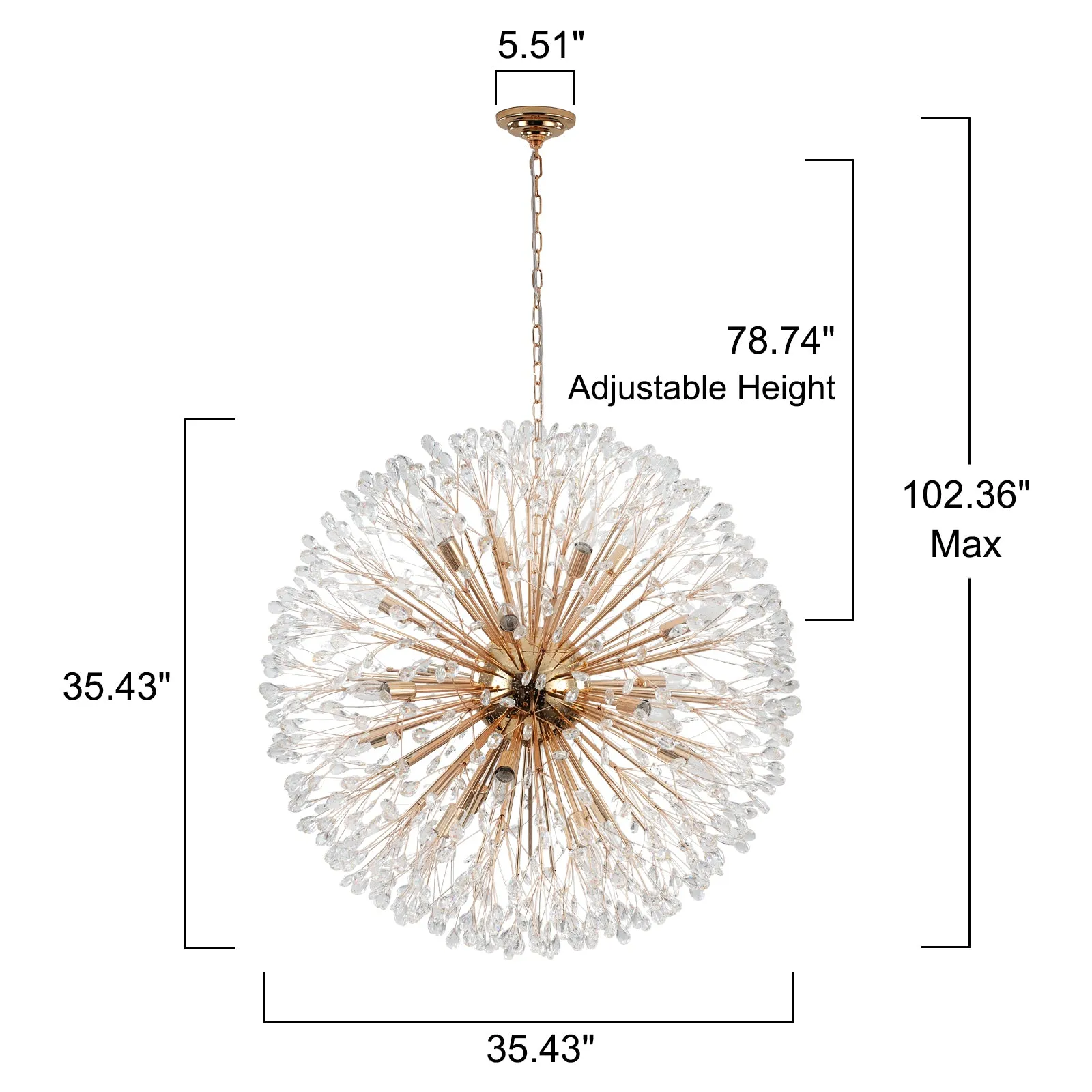 Glowlings 20-Light Vintage 35"Wide Large Gold Dandelion Shape Crystal Sputnik Sphere Chandelier