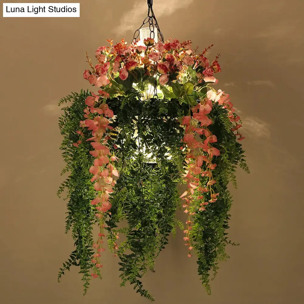 Green Metal Hanging Chandelier with 4 Industrial Pendant Lights - Unique Plant Decoration