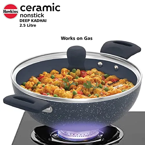 Hawkins Ceramic Nonstick 2.5 Litre Deep Kadhai, Induction Deep Fry Pan with Glass Lid, Granite Kadai (ICK25G)