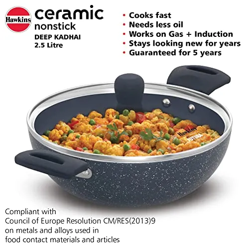 Hawkins Ceramic Nonstick 2.5 Litre Deep Kadhai, Induction Deep Fry Pan with Glass Lid, Granite Kadai (ICK25G)