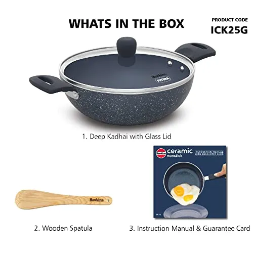 Hawkins Ceramic Nonstick 2.5 Litre Deep Kadhai, Induction Deep Fry Pan with Glass Lid, Granite Kadai (ICK25G)