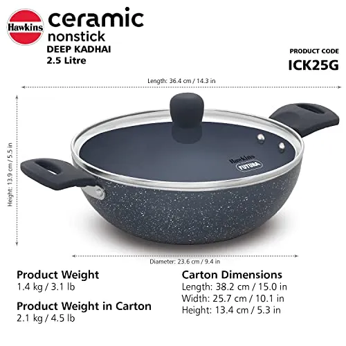 Hawkins Ceramic Nonstick 2.5 Litre Deep Kadhai, Induction Deep Fry Pan with Glass Lid, Granite Kadai (ICK25G)