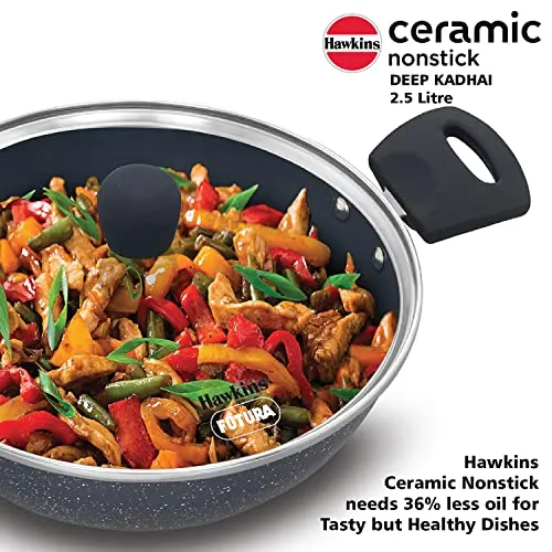 Hawkins Ceramic Nonstick 2.5 Litre Deep Kadhai, Induction Deep Fry Pan with Glass Lid, Granite Kadai (ICK25G)