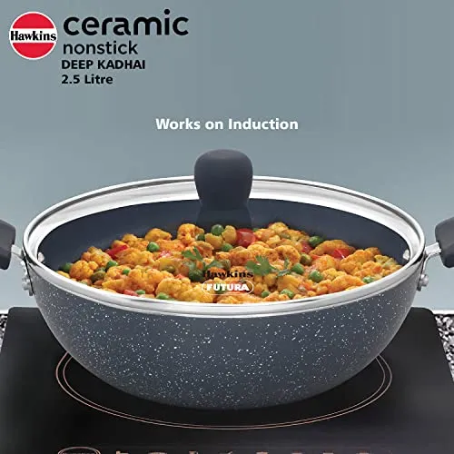 Hawkins Ceramic Nonstick 2.5 Litre Deep Kadhai, Induction Deep Fry Pan with Glass Lid, Granite Kadai (ICK25G)