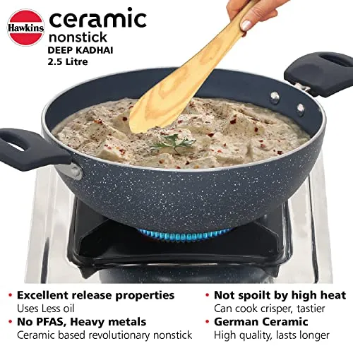 Hawkins Ceramic Nonstick 2.5 Litre Deep Kadhai, Induction Deep Fry Pan with Glass Lid, Granite Kadai (ICK25G)