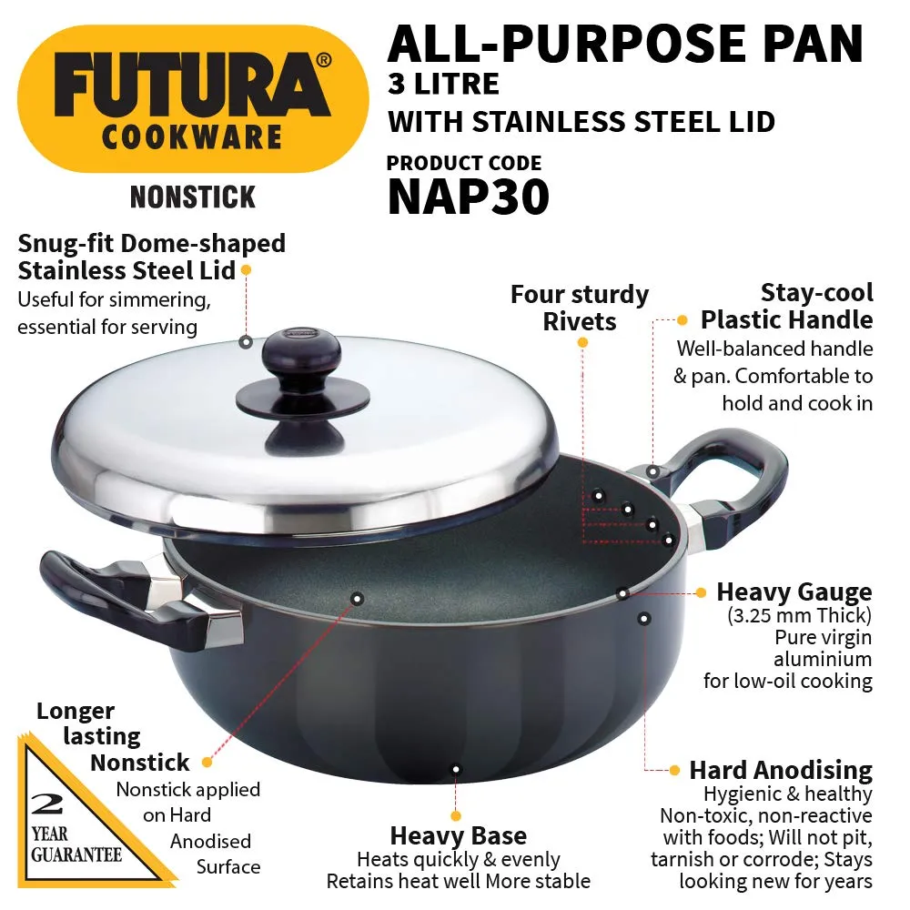 Hawkins Futura Nonstick All-Purpose Pan 3L, 22 cm, 3.25 mm with SS Lid (Black)