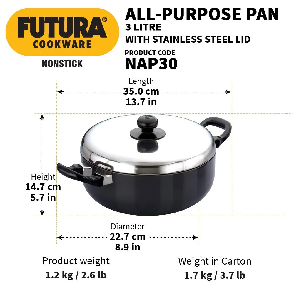 Hawkins Futura Nonstick All-Purpose Pan 3L, 22 cm, 3.25 mm with SS Lid (Black)