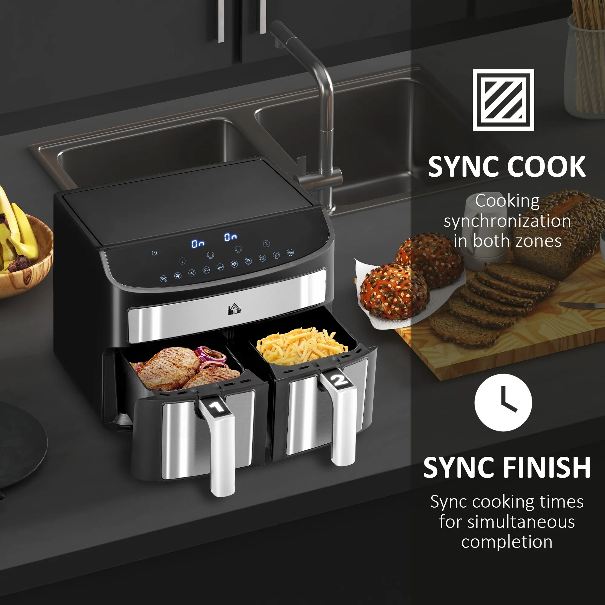 HOMCOM Oil Free Dual Air Fryer 10-in-1 8L w/ Sync Cook & Sync Finish Timer 2400W