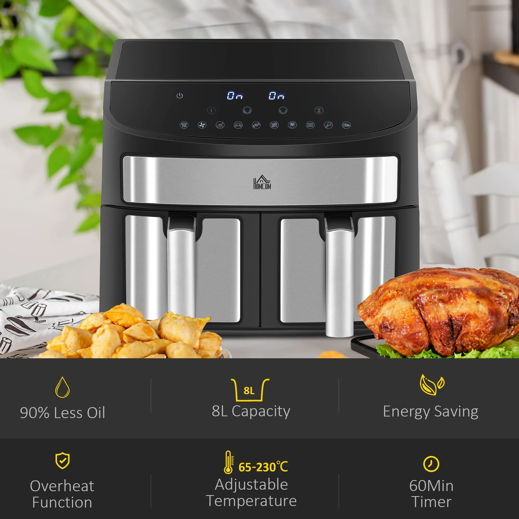 HOMCOM Oil Free Dual Air Fryer 10-in-1 8L w/ Sync Cook & Sync Finish Timer 2400W