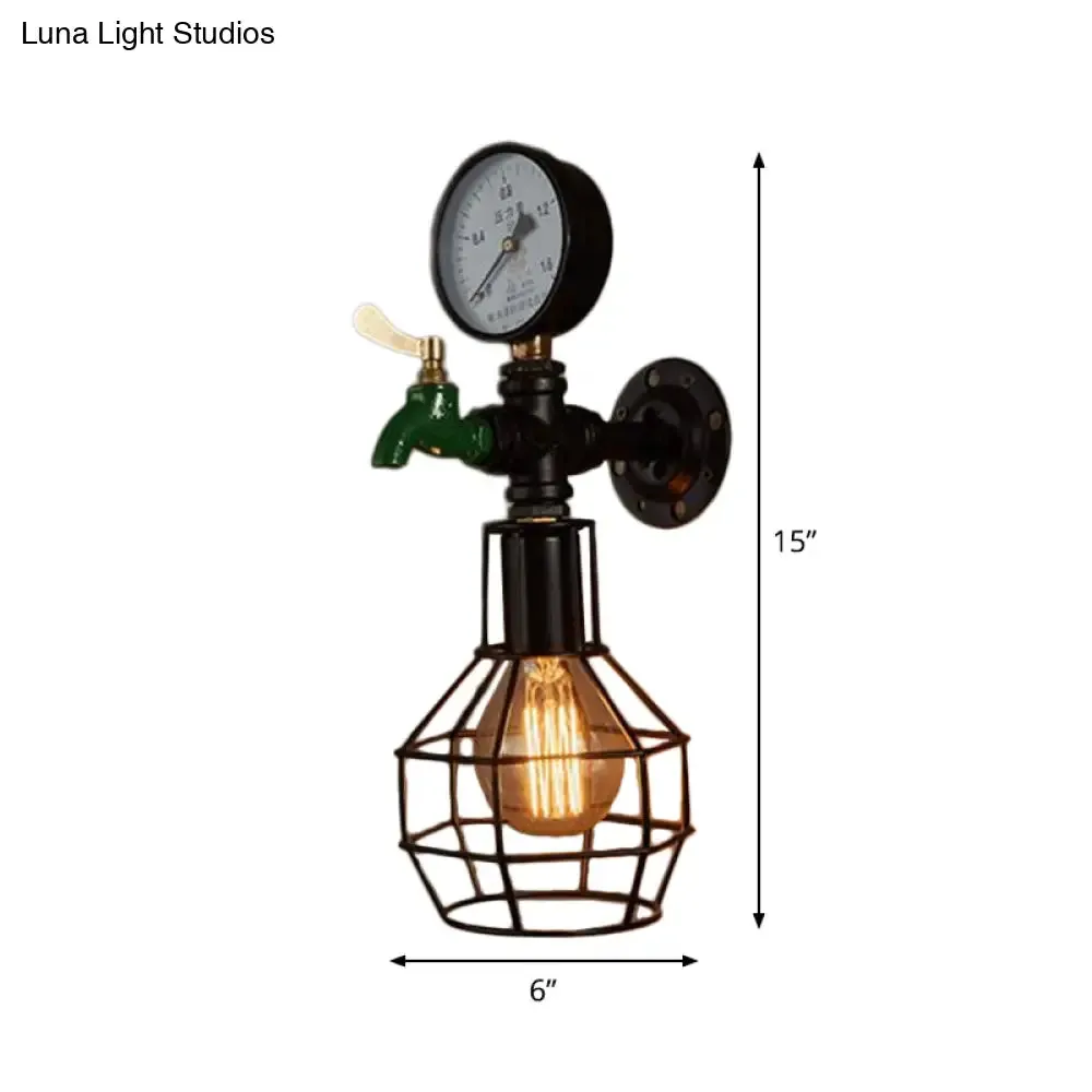 Industrial Black and Green Wall Mounted Lamp with Gauge and Cage - 1-Light Water-Tap Design