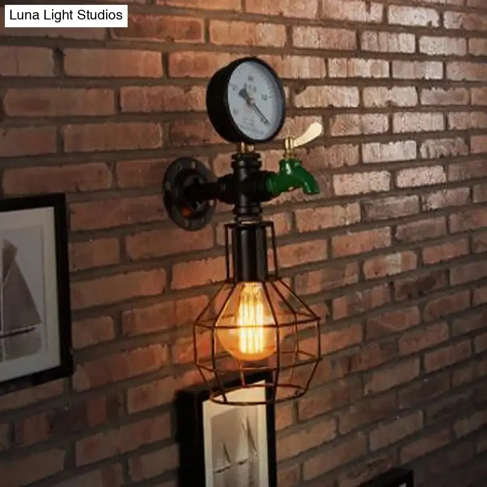 Industrial Black and Green Wall Mounted Lamp with Gauge and Cage - 1-Light Water-Tap Design