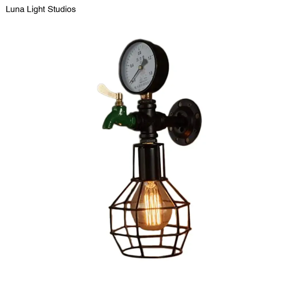 Industrial Black and Green Wall Mounted Lamp with Gauge and Cage - 1-Light Water-Tap Design