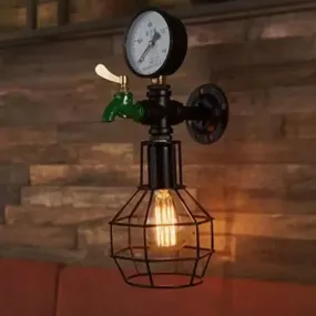 Industrial Black and Green Wall Mounted Lamp with Gauge and Cage - 1-Light Water-Tap Design