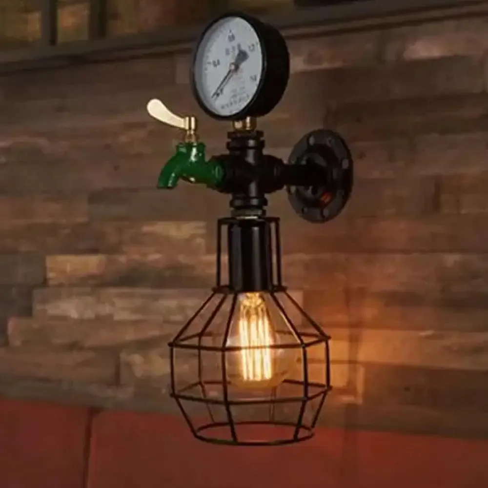 Industrial Black and Green Wall Mounted Lamp with Gauge and Cage - 1-Light Water-Tap Design