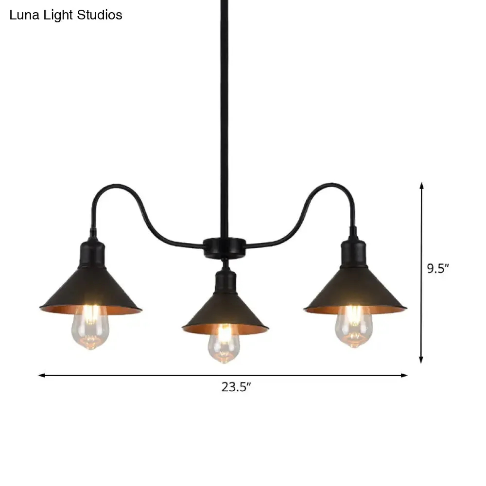 Industrial Black Conical Pendant Kitchen Chandelier with 3 Metal Heads & Curved Arm