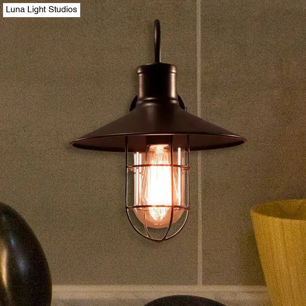 Industrial Clear Glass Wall Sconce with Cage - Cone Shaped Single Bulb Bedroom Lamp