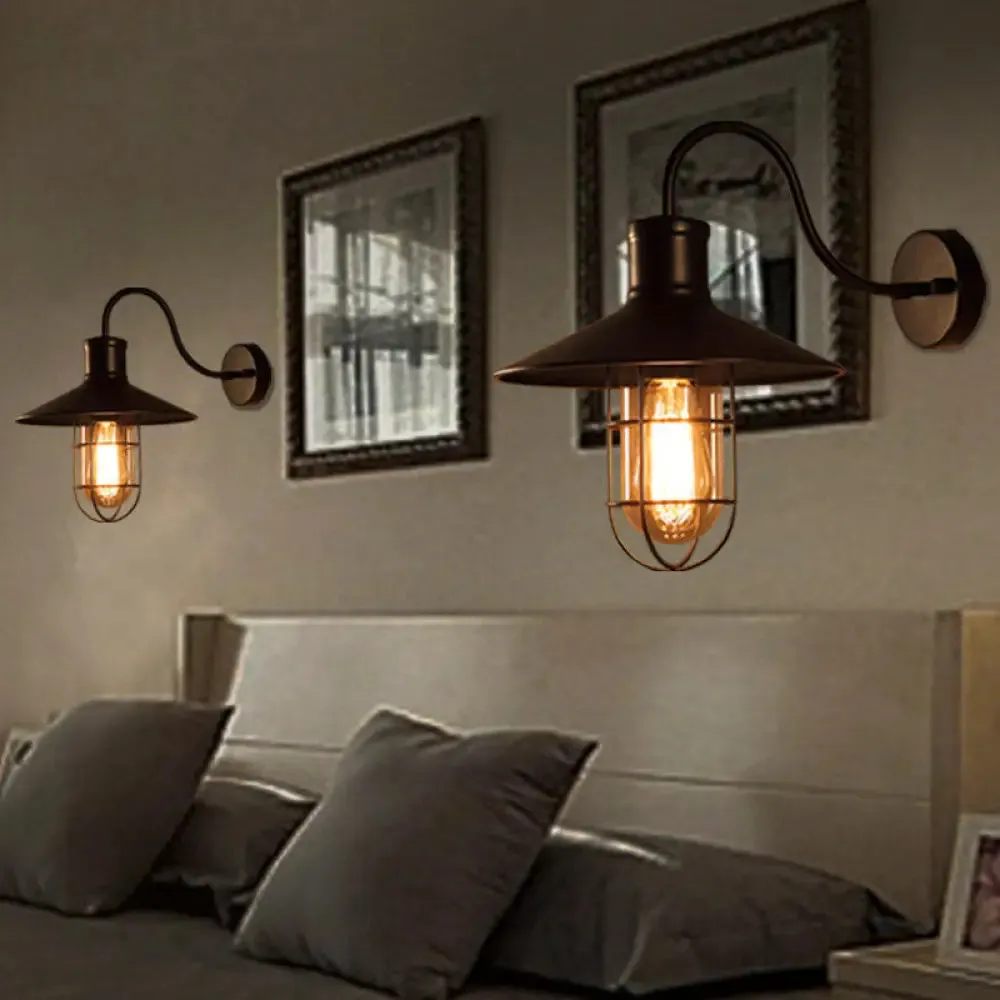 Industrial Clear Glass Wall Sconce with Cage - Cone Shaped Single Bulb Bedroom Lamp