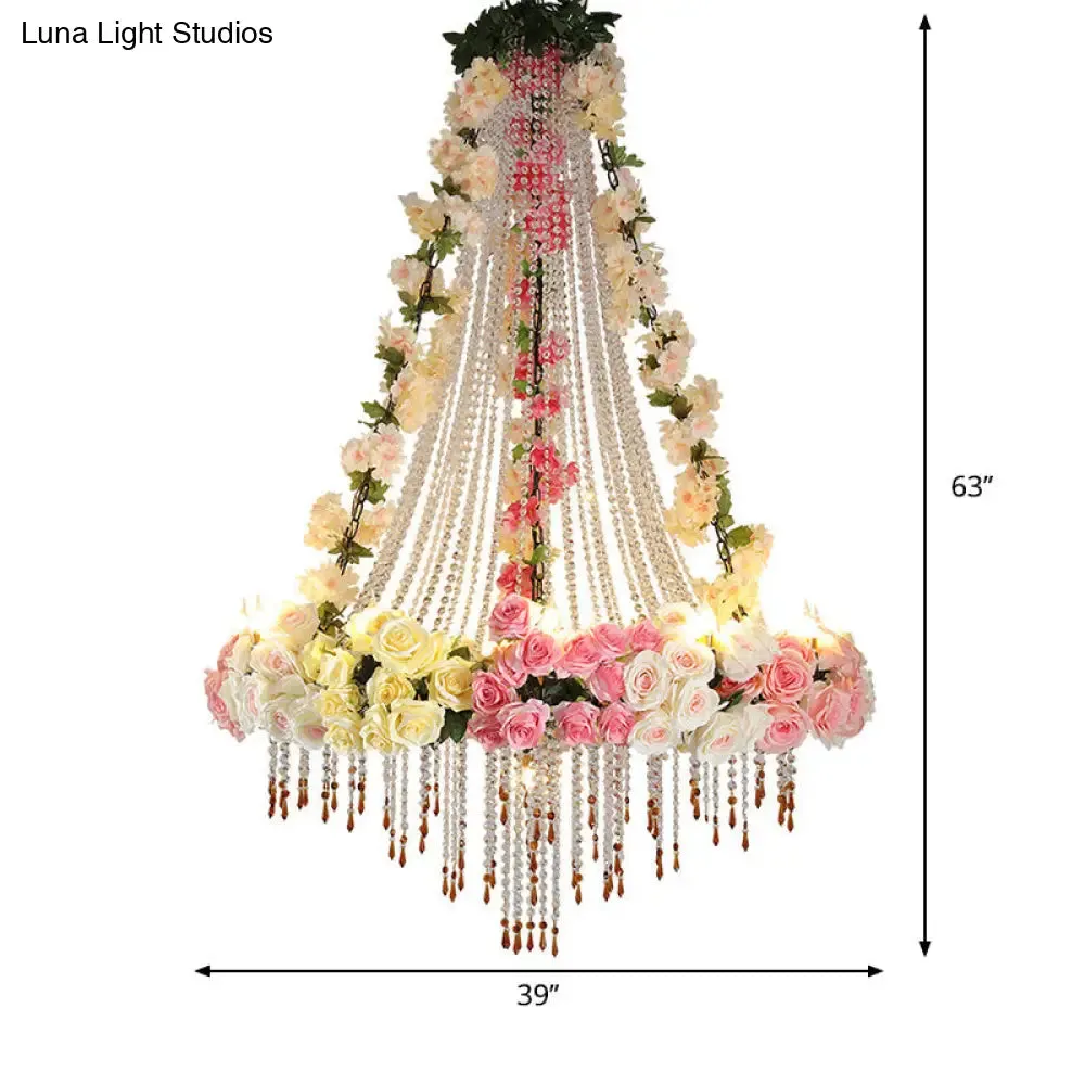 Industrial Crystal Raindrop Chandelier with Flower Accent - White Finish, 10 Heads