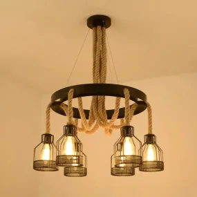 Industrial Iron Cage Chandelier Pendant with Hemp Rope in Black for Restaurants