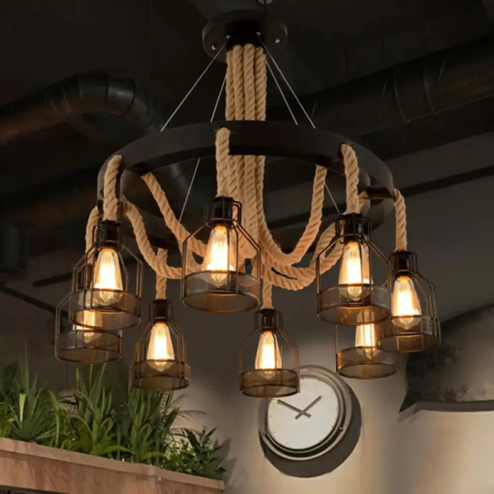 Industrial Iron Cage Chandelier Pendant with Hemp Rope in Black for Restaurants